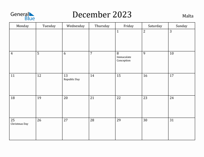 December 2023 Calendar Malta