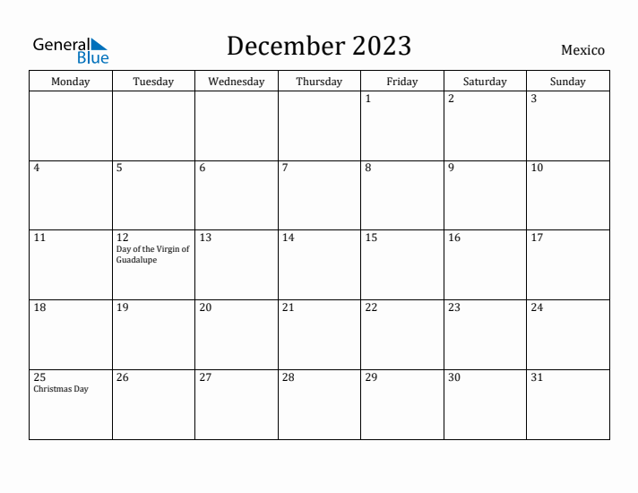 December 2023 Calendar Mexico