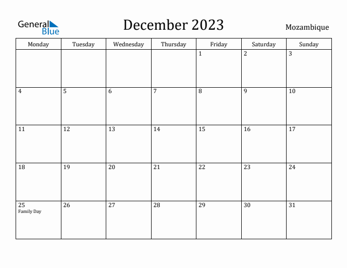 December 2023 Calendar Mozambique