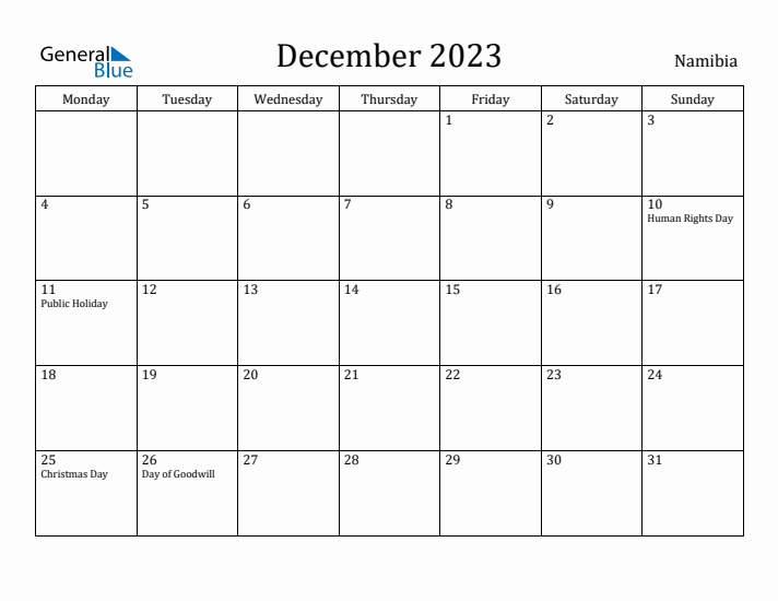 December 2023 Calendar Namibia