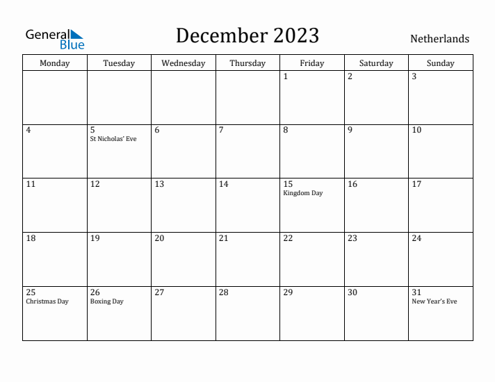 December 2023 Calendar The Netherlands