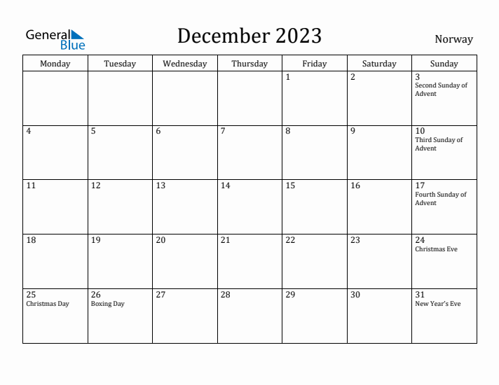 December 2023 Calendar Norway