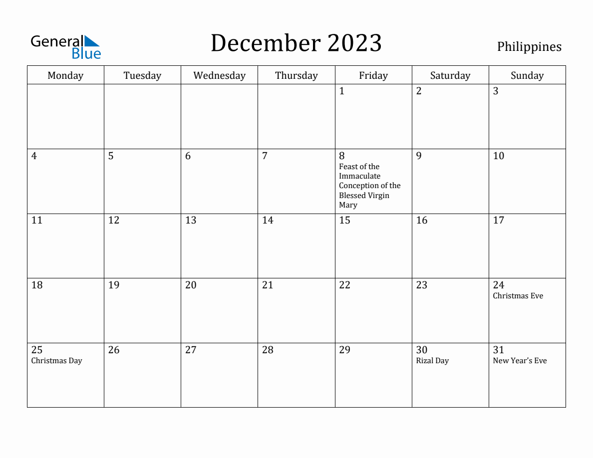 December 2023 - Philippines Monthly Calendar with Holidays