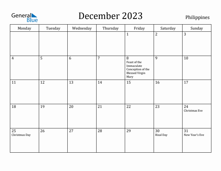 December 2023 Calendar Philippines