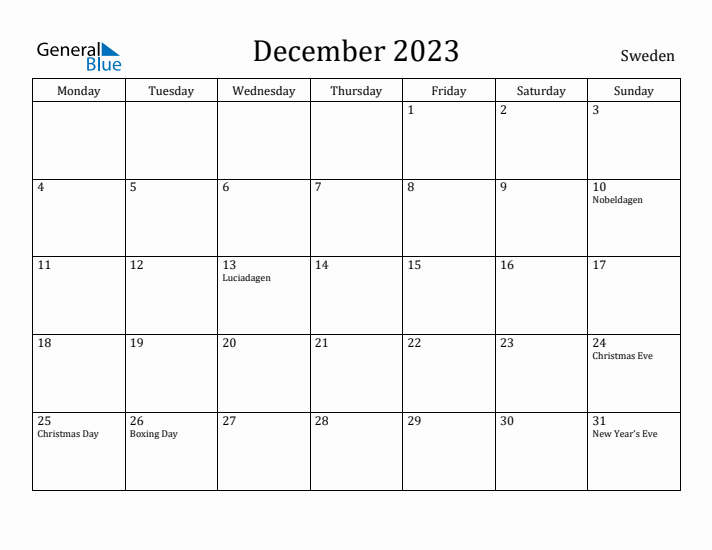 December 2023 Calendar Sweden