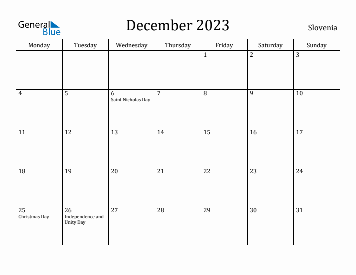 December 2023 Calendar Slovenia