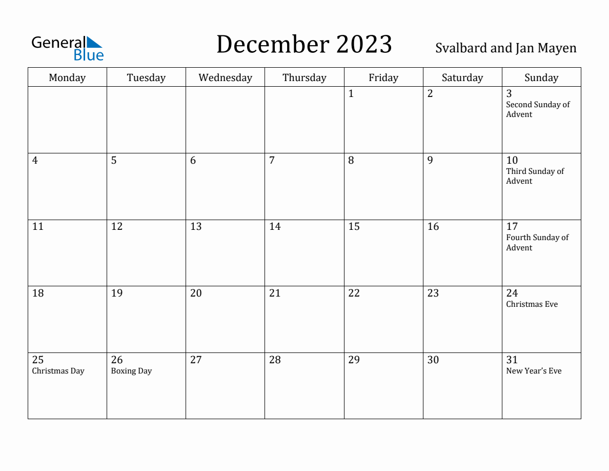 December 2023 Svalbard And Jan Mayen Monthly Calendar With Holidays