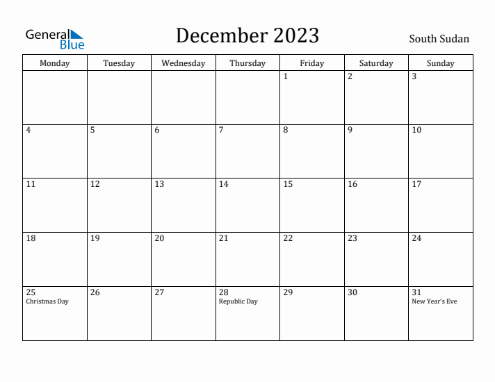 December 2023 Calendar South Sudan