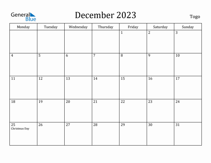 December 2023 Calendar Togo