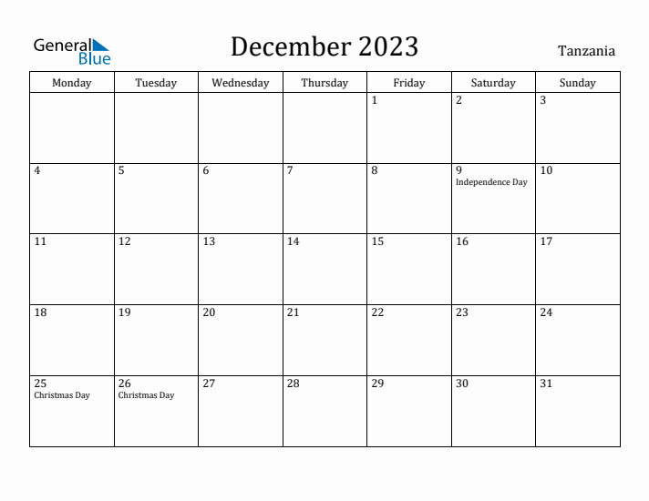 December 2023 Calendar Tanzania