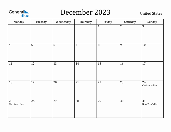 December 2023 Calendar United States