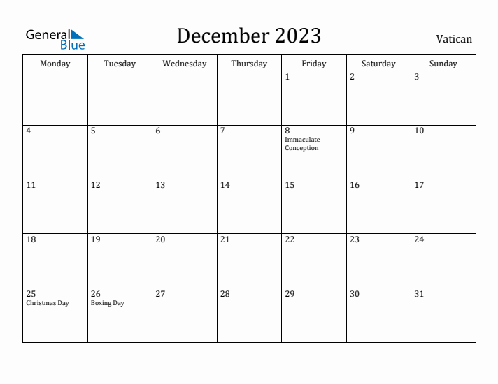 December 2023 Calendar Vatican