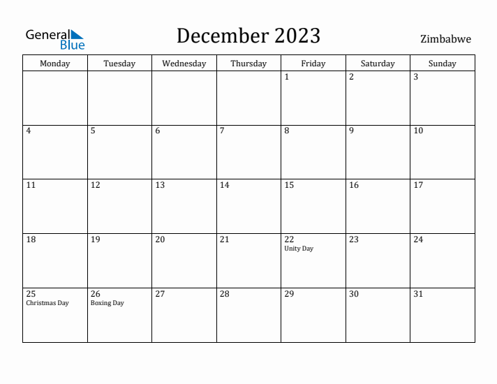 December 2023 Calendar Zimbabwe