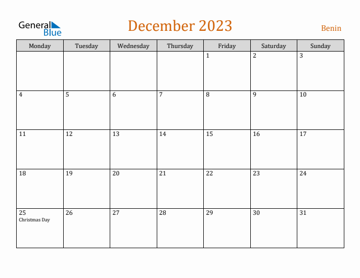 December 2023 Holiday Calendar with Monday Start