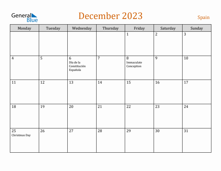 December 2023 Holiday Calendar with Monday Start