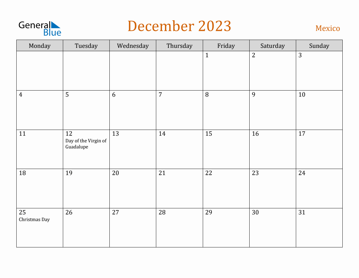 Free December 2023 Mexico Calendar