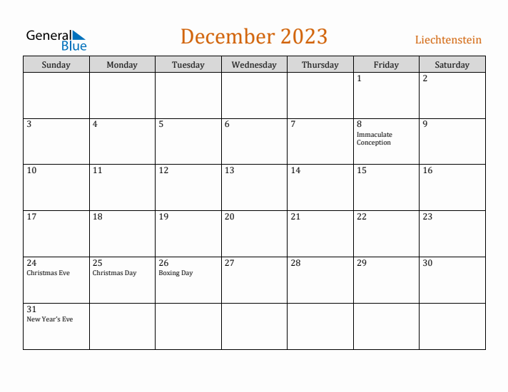 December 2023 Holiday Calendar with Sunday Start