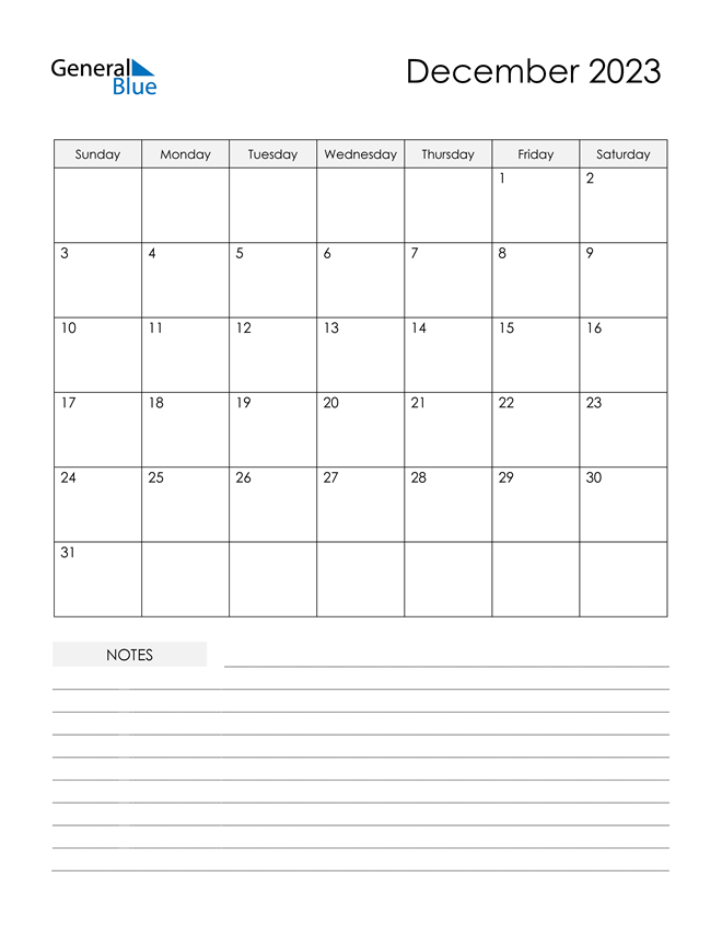 December 2023 Calendar (PDF Word Excel)