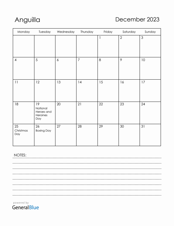 December 2023 Anguilla Calendar with Holidays (Monday Start)