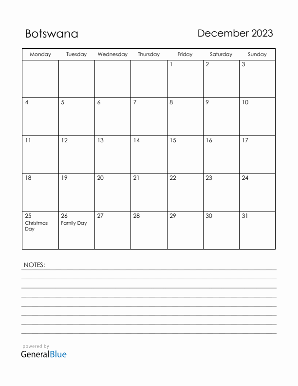 December 2023 Botswana Calendar with Holidays (Monday Start)