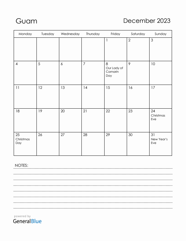 December 2023 Guam Calendar with Holidays (Monday Start)