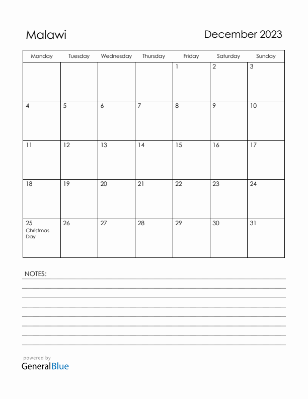 December 2023 Malawi Calendar with Holidays (Monday Start)