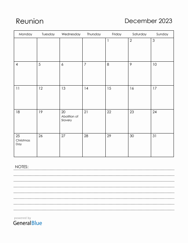 December 2023 Reunion Calendar with Holidays (Monday Start)