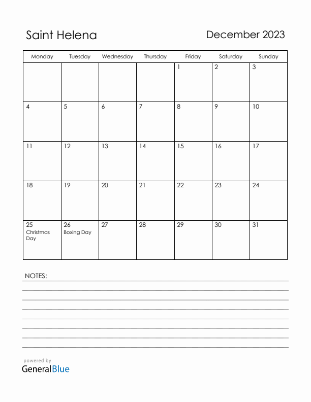 December 2023 Saint Helena Calendar with Holidays (Monday Start)