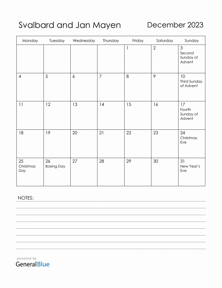 December 2023 Svalbard And Jan Mayen Calendar With Holidays