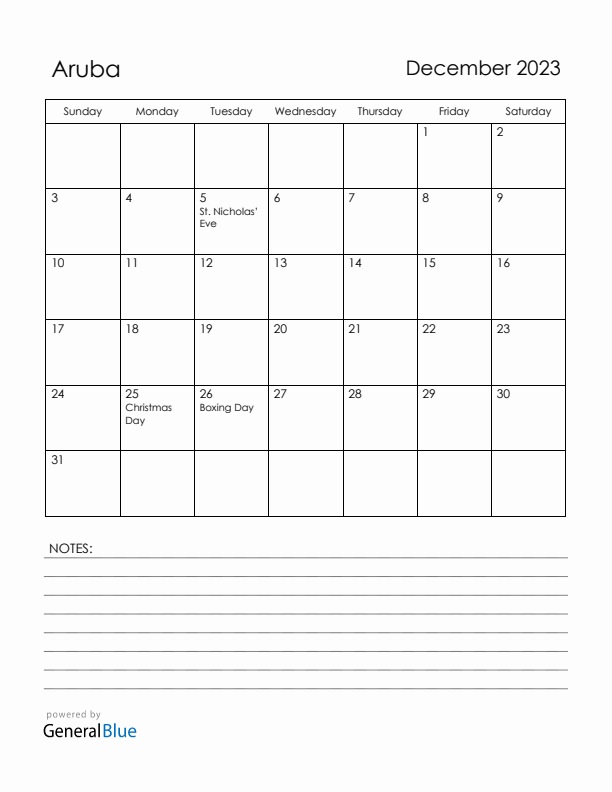 December 2023 Aruba Calendar with Holidays (Sunday Start)