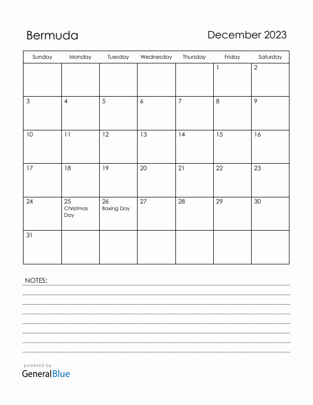 December 2023 Bermuda Calendar with Holidays (Sunday Start)