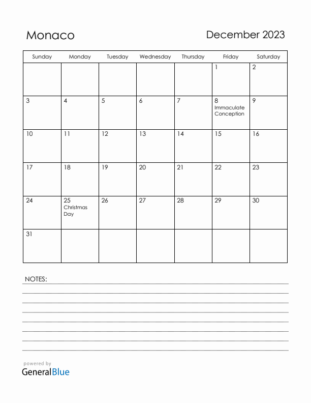 December 2023 Monaco Calendar with Holidays (Sunday Start)