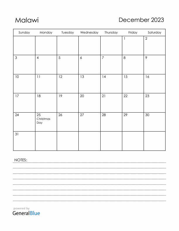 December 2023 Malawi Calendar with Holidays (Sunday Start)