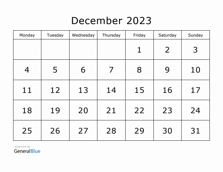 Printable December 2023 Calendar - Monday Start