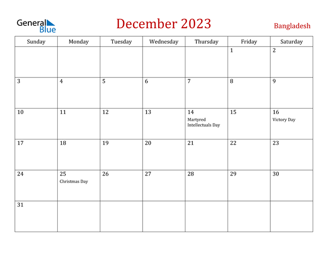 Bangladesh December 2023 Calendar