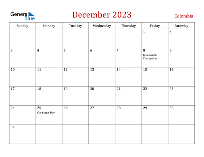 Colombia December 2023 Calendar