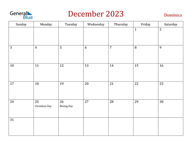 Dominica December 2023 Calendar