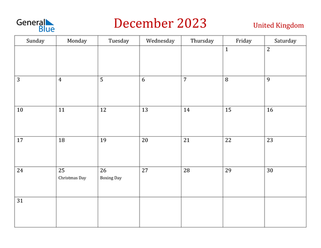 United Kingdom December 2023 Calendar