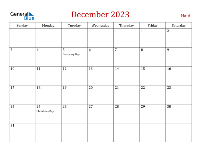 December 2023 Calendar with Haiti Holidays