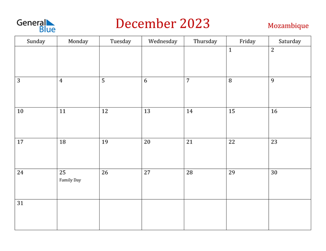 Mozambique December 2023 Calendar with Holidays