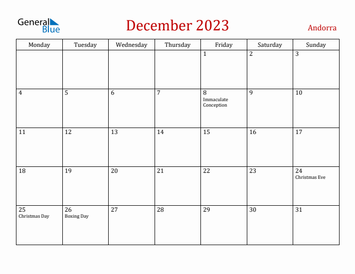 Andorra December 2023 Calendar - Monday Start