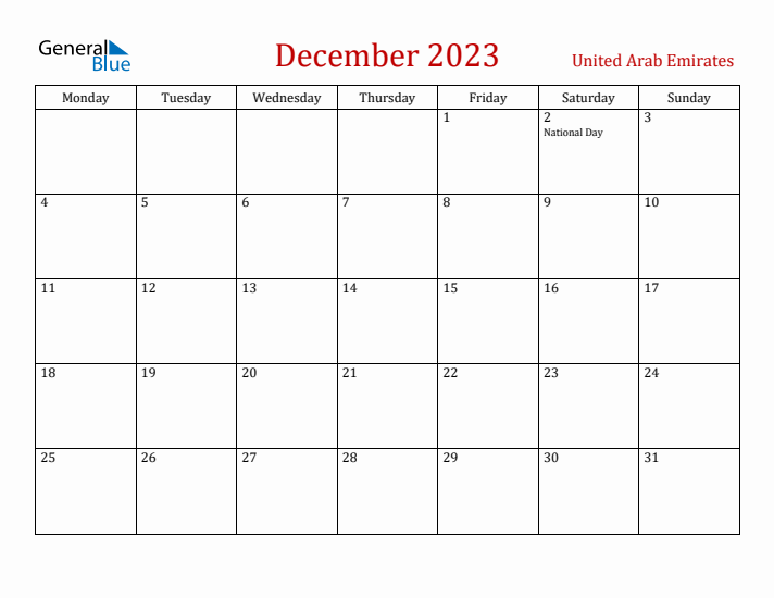 United Arab Emirates December 2023 Calendar - Monday Start