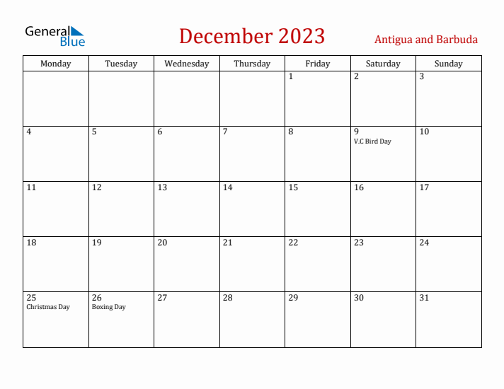 Antigua and Barbuda December 2023 Calendar - Monday Start