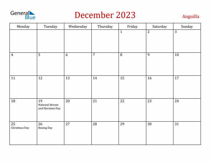 Anguilla December 2023 Calendar - Monday Start