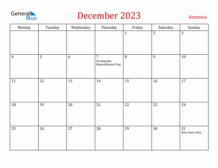 Armenia December 2023 Calendar - Monday Start