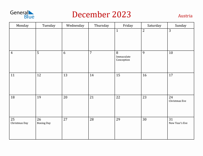 Austria December 2023 Calendar - Monday Start