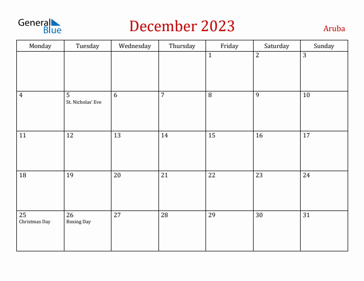 Aruba December 2023 Calendar - Monday Start