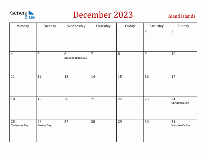 Aland Islands December 2023 Calendar - Monday Start