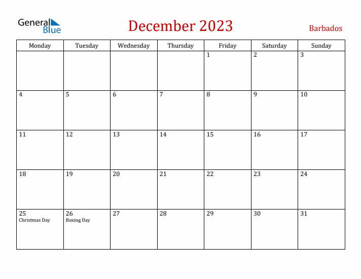 Barbados December 2023 Calendar - Monday Start