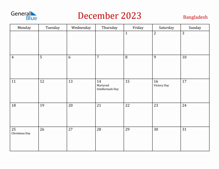 Bangladesh December 2023 Calendar - Monday Start